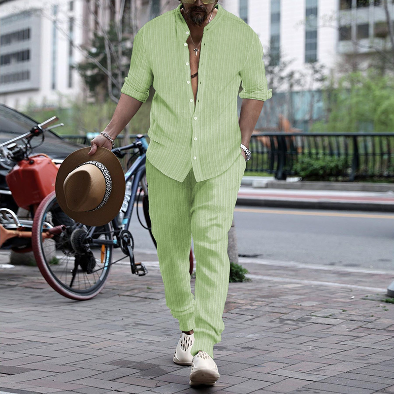 Fall Casual Mens Two Piece Sets Long Sleeve Button Stand Collar Shirts And Pants Outfits Suits Men Vintage Striped Printed Sets_voghion.com
