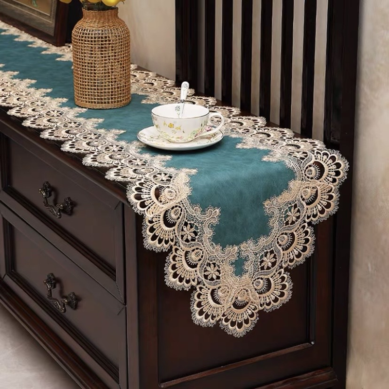 Vente en gros de nouveaux drapeaux de table de style européen, nappe en dentelle de luxe légère imperméable, résistante à l'huile et sans lavage, housse anti-poussière pour meuble TV à longue bande_voghion.com
