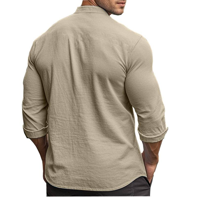 Camicia hawaiana a maniche lunghe, semplice, casual, in lino, traspirante, da uomo, estiva, con pantaloncini da spiaggia._voghion.com