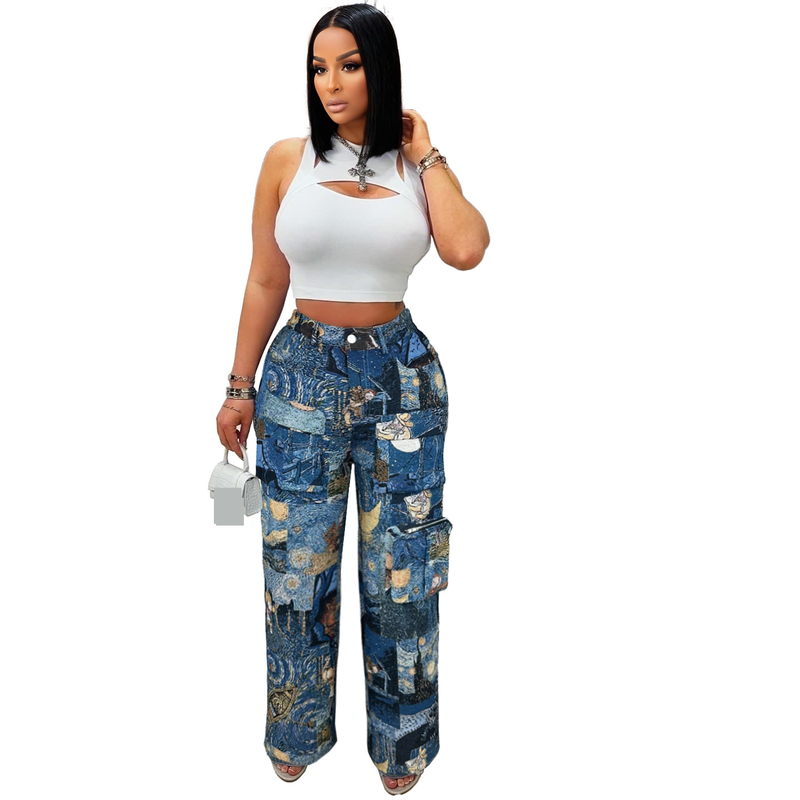 Women's Casual Cargo Pants With Jacquard Design, Multi-Pocket Retro Streetwear Trousers For Fashionable Outfits_voghion.com