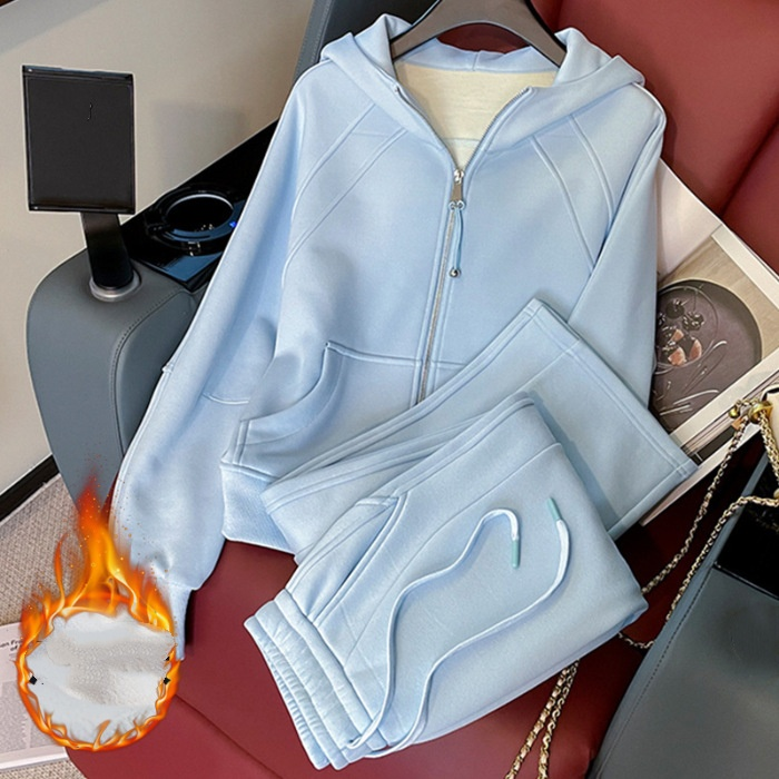 "Women's Cozy Fleece-Lined Hoodie & Wide-Leg Pants Set - Trendy Velvet-Like Two-Piece Outfit For Fall/Winter"_voghion.com