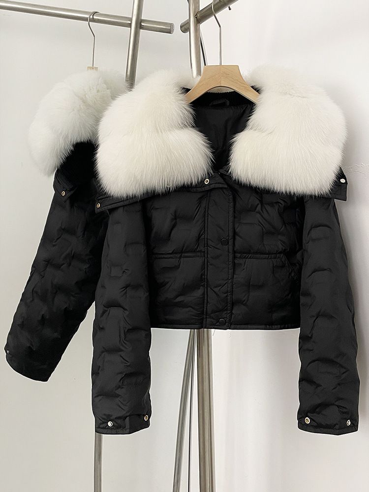 Stylische kurze Daunenjacke für Damen mit luxuriösem Fuchspelzkragen, geometrischem Musterdesign, 90 % weißen Entendaunen, warmer Wintermantel_voghion.com