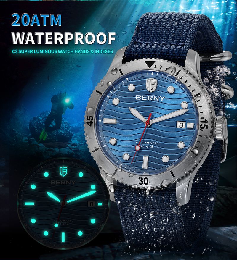 BERNY Automatic Dive Watches For Men 20ATM Waterproof Nylon Strap Analog Mechanical Watch With Date Super Luminous Sapphire Men's Pro Diver Watch_voghion.com