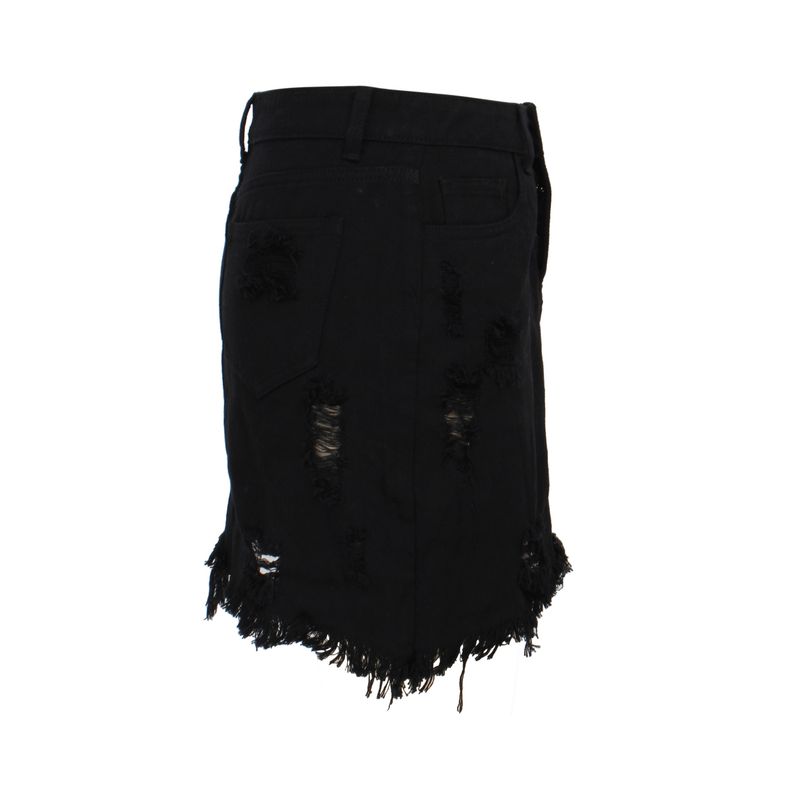 Gonna in denim irregolare a vita alta con bordo grezzo, sexy e versatile, indossata a mano da donna_voghion.com