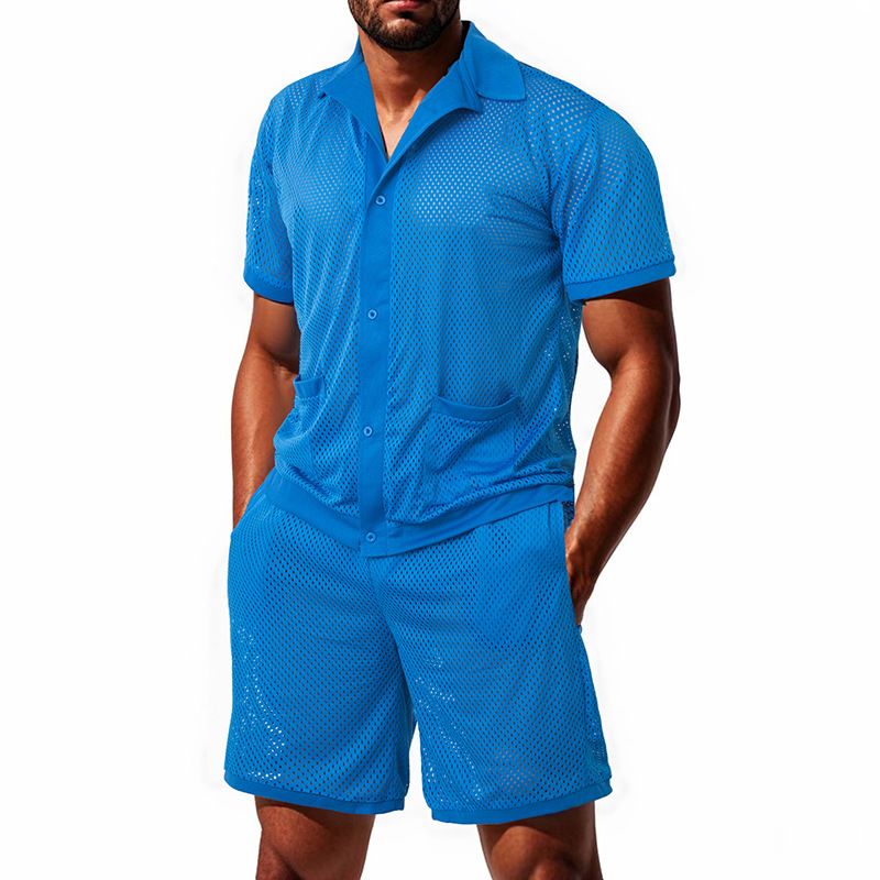 Herren Sommer Neues übertriebenes Design Strand Hawaiian Durchsichtiges Kurzarmhemd und Shorts Set_voghion.com