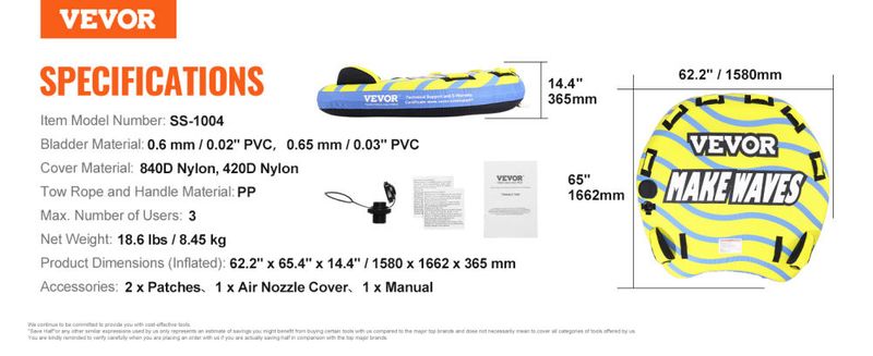 VEVOR Towable Tube for Boating, 1-3 Riders Inflatable Towable Tube with Bumper Fins, 510 lbs Water Sport Towable Tubes for Boats to Pull, Full Nylon C_voghion.com