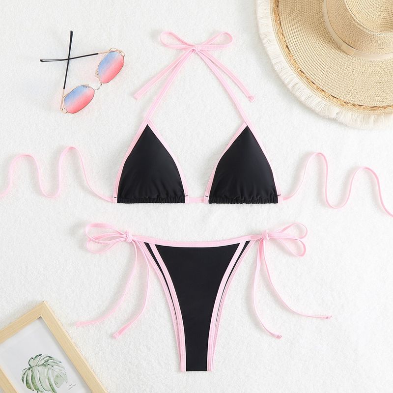 Sexy Schnür-Bikini-Badeanzug in Volltonfarbe für Damen mit Dreipunkt-Bikini_voghion.com
