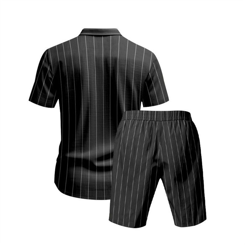 Vêtements pour hommes, costume d'été en lin pour hommes, chemise ample à manches courtes à rayures, short de plage, costume deux pièces_voghion.com