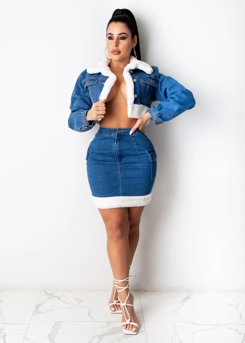 Gonna in denim alla moda da donna in denim felpato gruppo due set_voghion.com