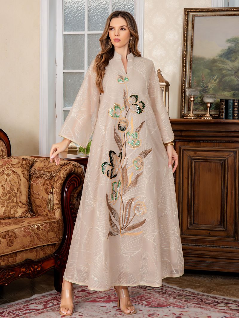 Elegante abito Abaya ricamato – Abito lungo musulmano a maniche lunghe per donna (M-XXL, rosso/beige/verde)_voghion.com
