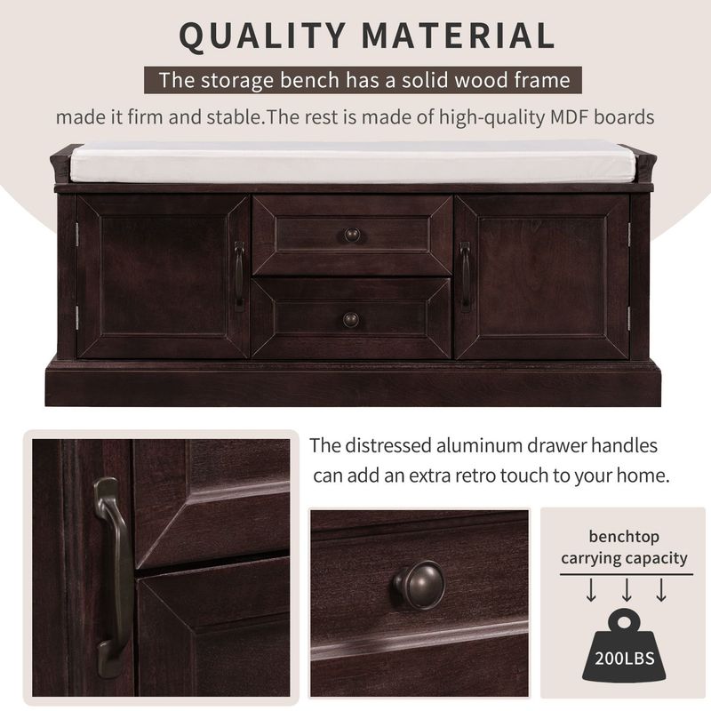 Storage Bench With 2 Drawers And 2 Cabinets,Shoe Bench With Removable Cushion For Living Room,Entryway_voghion.com