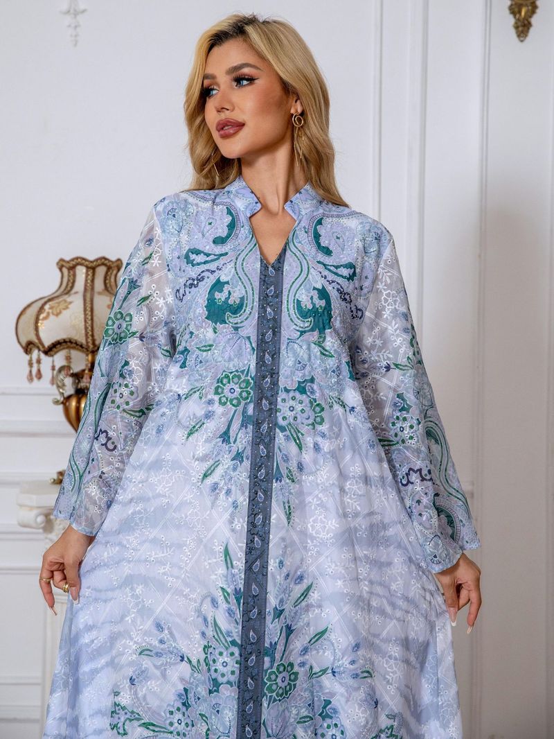 Abito lungo da donna musulmana in tessuto ricamato con stampa a tutta lunghezza e tempestato di diamanti, abito lungo da donna Abaya_voghion.com