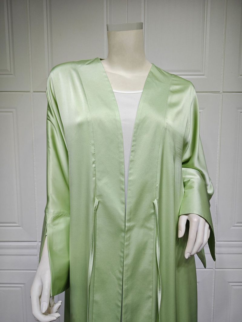 Femei musulmane halat de baie rochie de seară satinată moale cu deschidere frontală halat Abaya culoare solidă_voghion.com