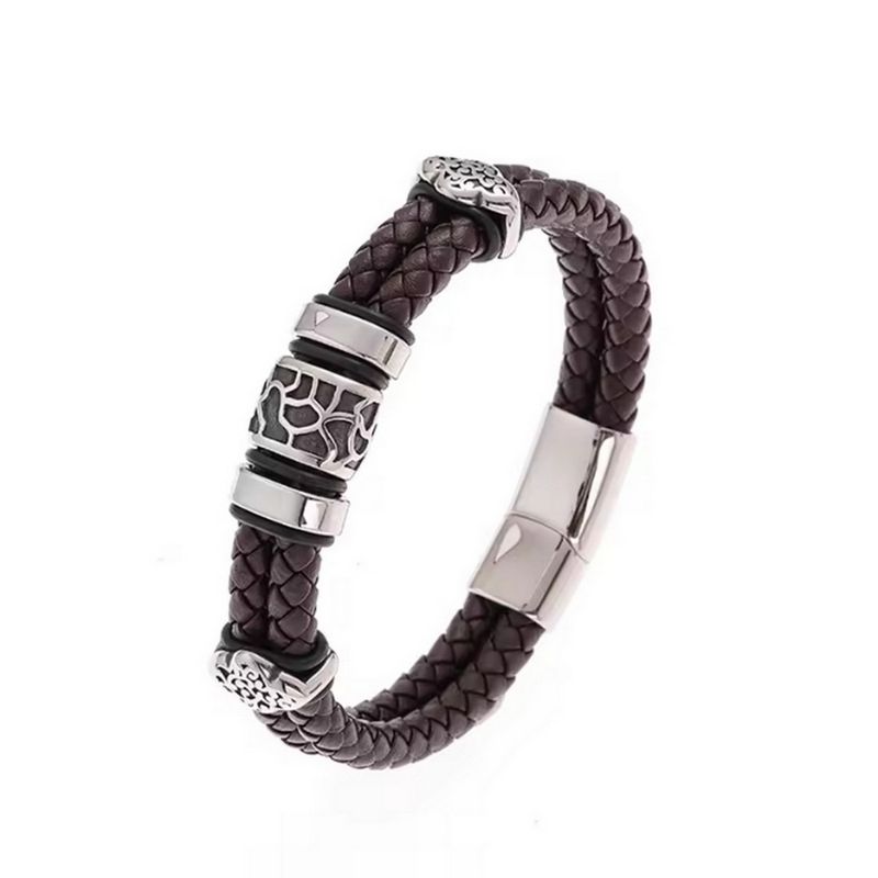 Herren Hip Hop Perlen Doppelkreis Lederarmband Gewebtes Leder Mode Herrenarmband_voghion.com