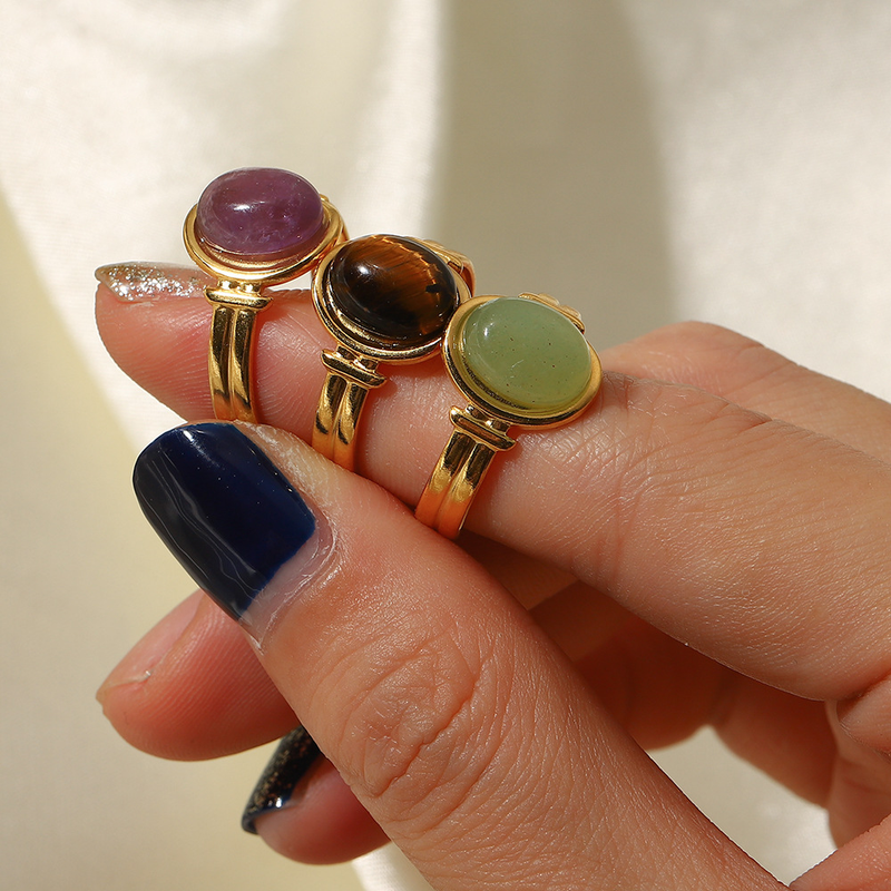 INS Internet-Berühmtheit mit gold ovalem Tigerauge/grün/lila Halbstein offener Ring für Frauen_voghion.com