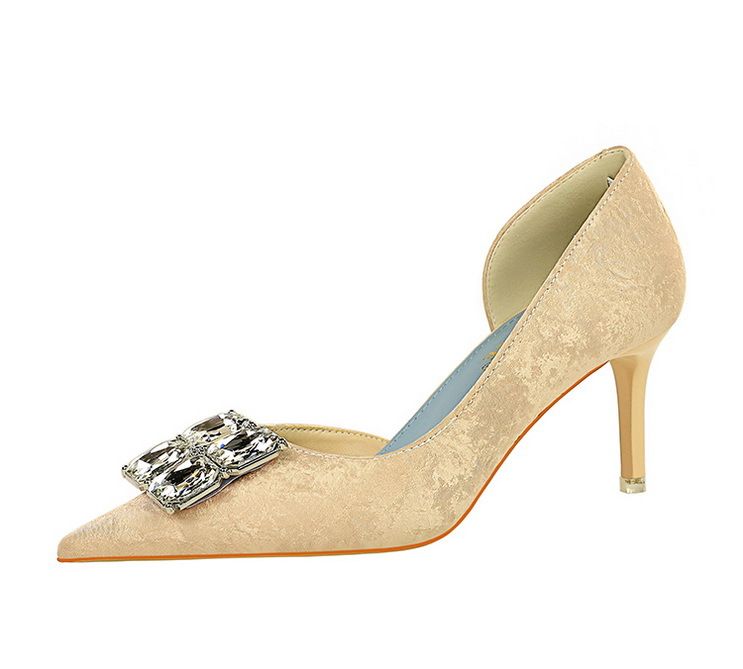 Women's shoes high heel hand scratch wrinkle cloth shallow mouth pointed side hollow rhinestone buckle single shoes_voghion.com