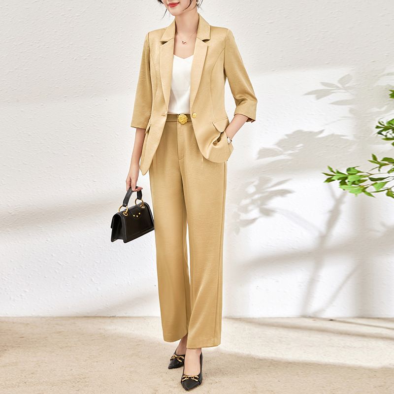 GraceChic 2401114-Spring Main Promotion Satin Wrinkled Quality Blazer + Straight-Leg Pants Two-Piece Set Elegant Commuting_voghion.com