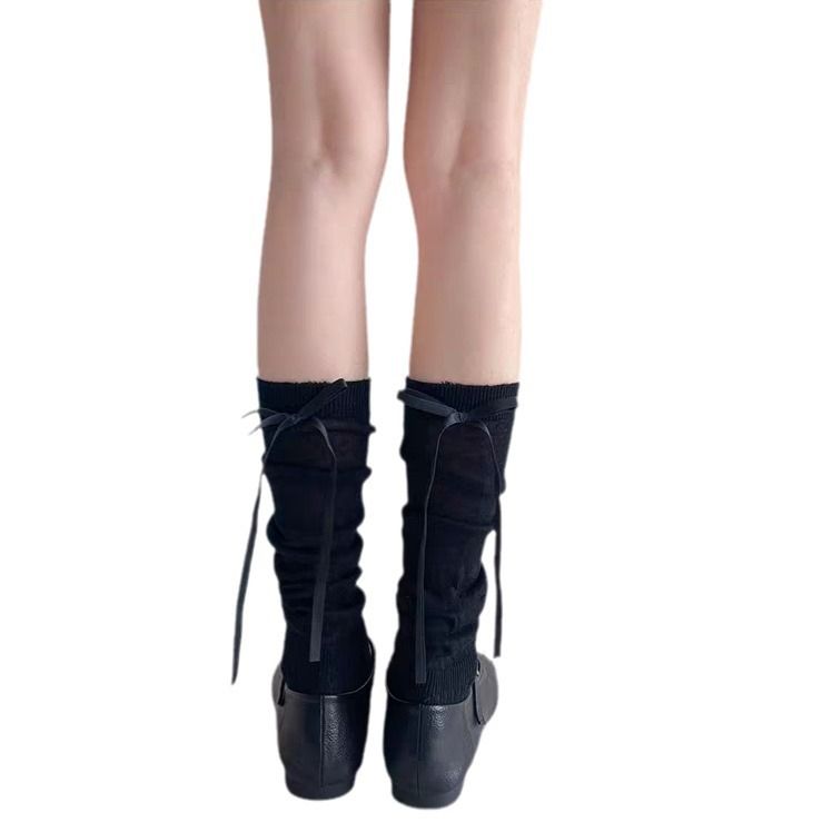 Ballet White Calf For Women Spring And Autumn Miu Style Bowknot Striped Mid-Calf Slouch Long Socks_voghion.com