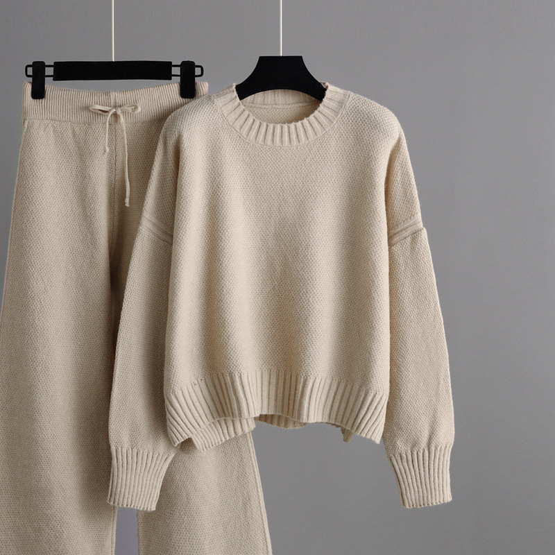 Dammekleeder Hierscht a Wanter nei Moud Casual Strickkostüm Hosen Dammenversioun locker Pullover Breetbeen Hosen Hosen Zwee-Stéck Set_voghion.com