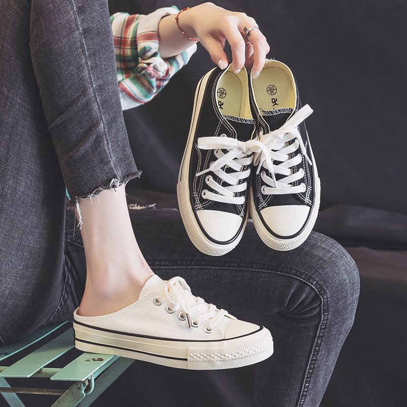 Halbanhänger Canvasschuhe für Damen im Sommer 2023, schlanke und einfache Casual Student Instagram ohne hintere Ferse, ein_voghion.com