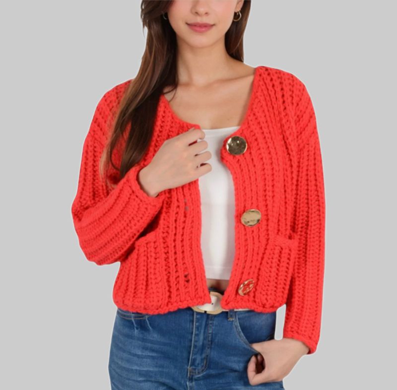Women’s Chunky Knit Cardigan – Oversized V-Neck Button-Up Sweater (Red, Ivory, Navy, Army Green, Coffee, Black)_voghion.com