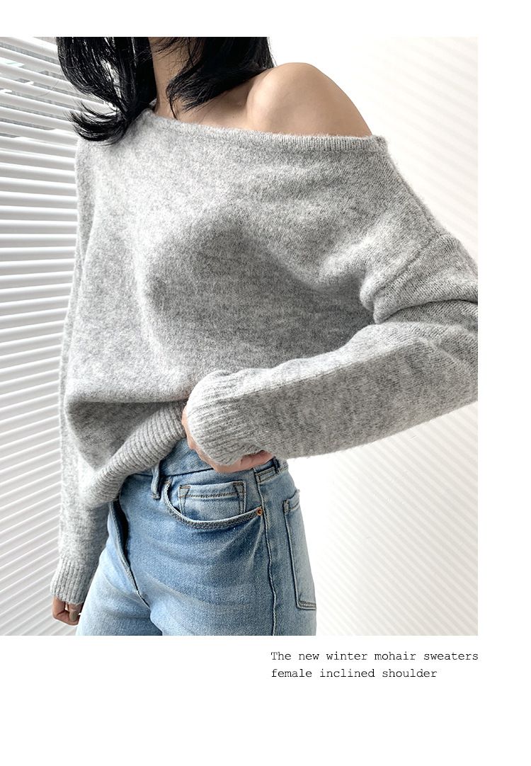 Übergroßer schulterfreier Pullover im koreanischen Chic – Strickoberteil mit Fledermausärmeln im französischen Stil für Damen (Grau, Schwarz, Beige, Einheitsgröße)_voghion.com