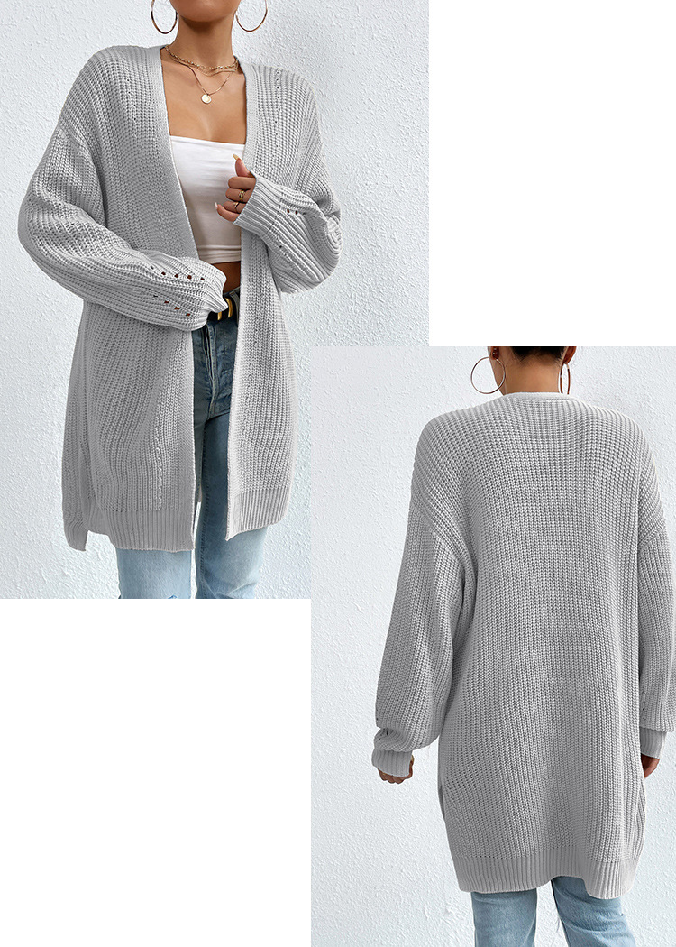 Veste pull mi-longue à col en v, ample, couleur unie, style paresseux, cardigan tricoté pour femme, automne et hiver_voghion.com