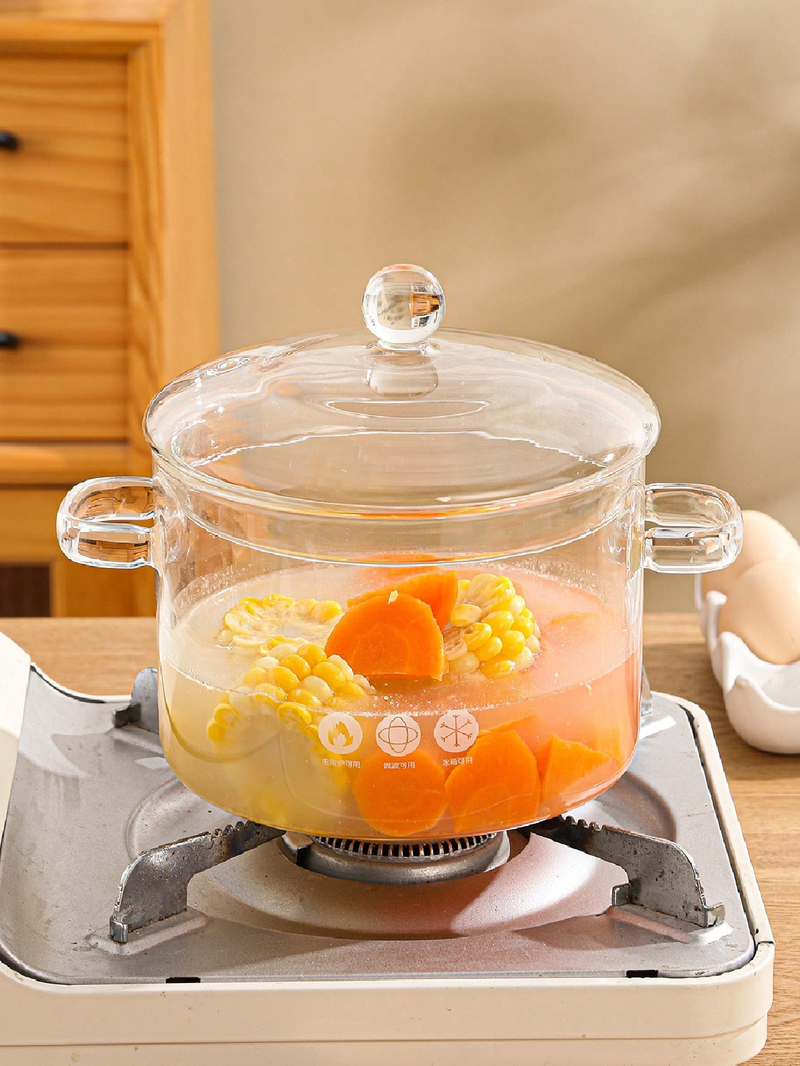 1PC High Borosilicate Glass Soup Pot Thickened with Lid Double Ear Amber Small Hot Pot Household Ming Power Pot Heating Stew Pot_voghion.com