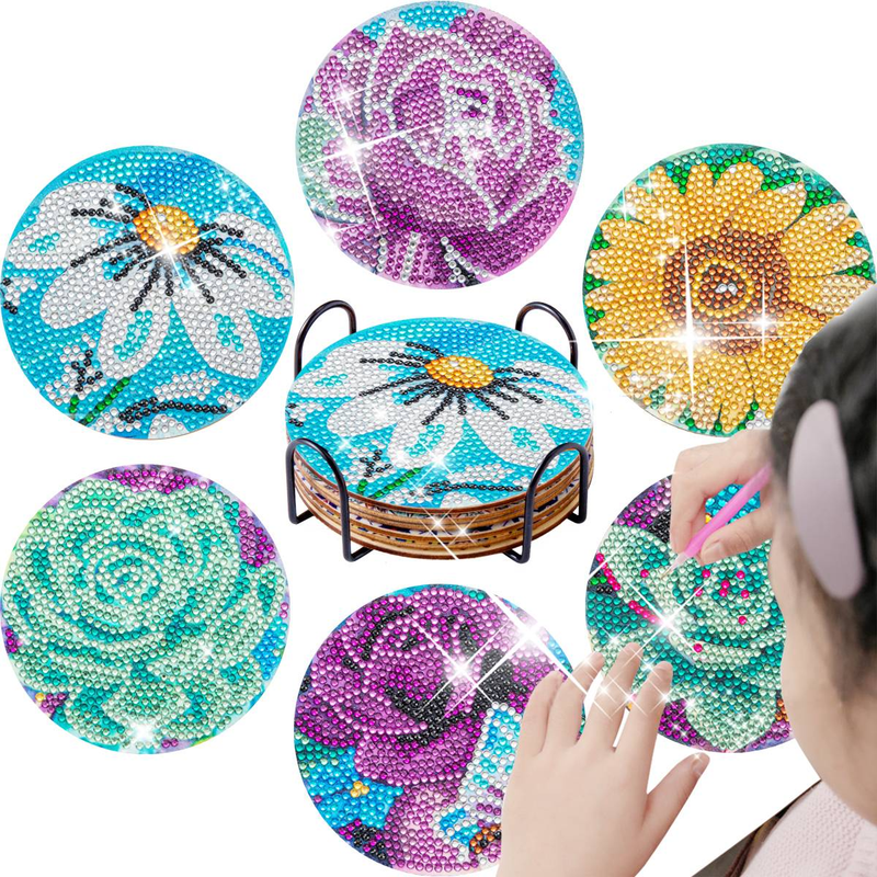 6pc/sets Diamond Painting Coasters with Holder Flower Butterfly Diamond Art Coasters DIY Crafts for Adults Diamond Diy Gift_voghion.com