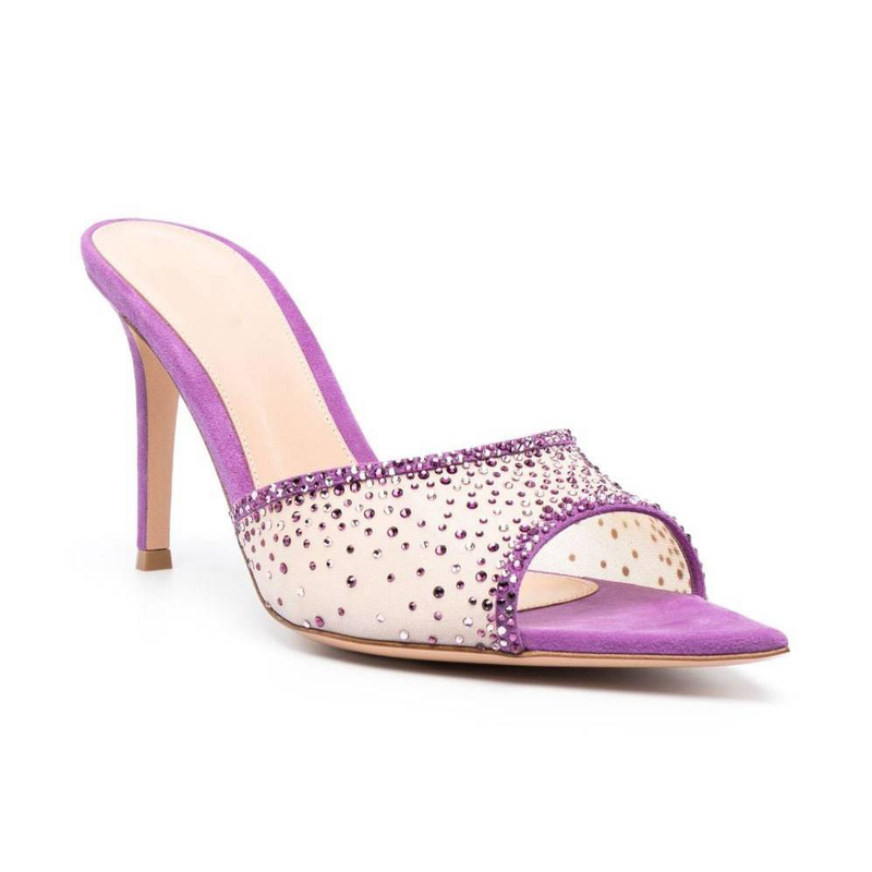 Ladies New Summer Pointed Toe Shallow Mesh Diamond High Heel Sandals_voghion.com