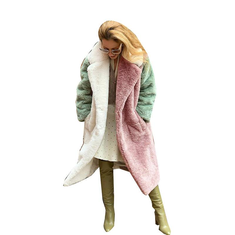 Damenbekleidung Modischer, farbblockierter Rex-Kaninchen-Herbst- und Wintermantel mit dickem, langem Pelz_voghion.com