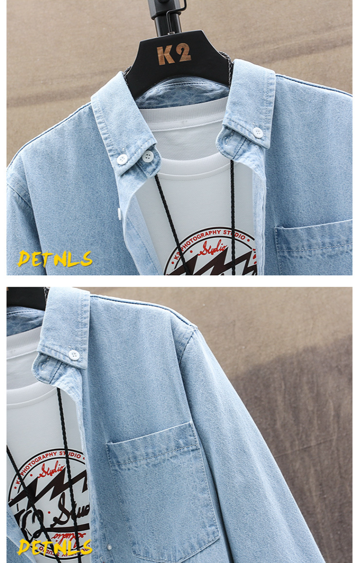 Abbigliamento maschile Primavera e autunno Tinta unita Giovani Camicia in denim a maniche lunghe Classico Casual Versatile Giacca_voghion.com