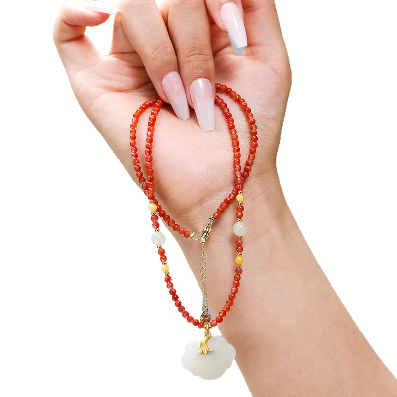 Kettenhalsketten Natürlicher Kristall und Nephrit Jade Ruyi Lock Halskette Nanhong Rosenkranz Echtes Gold Kleidung Alle Match High End Schlüsselbeinkette_voghion.com