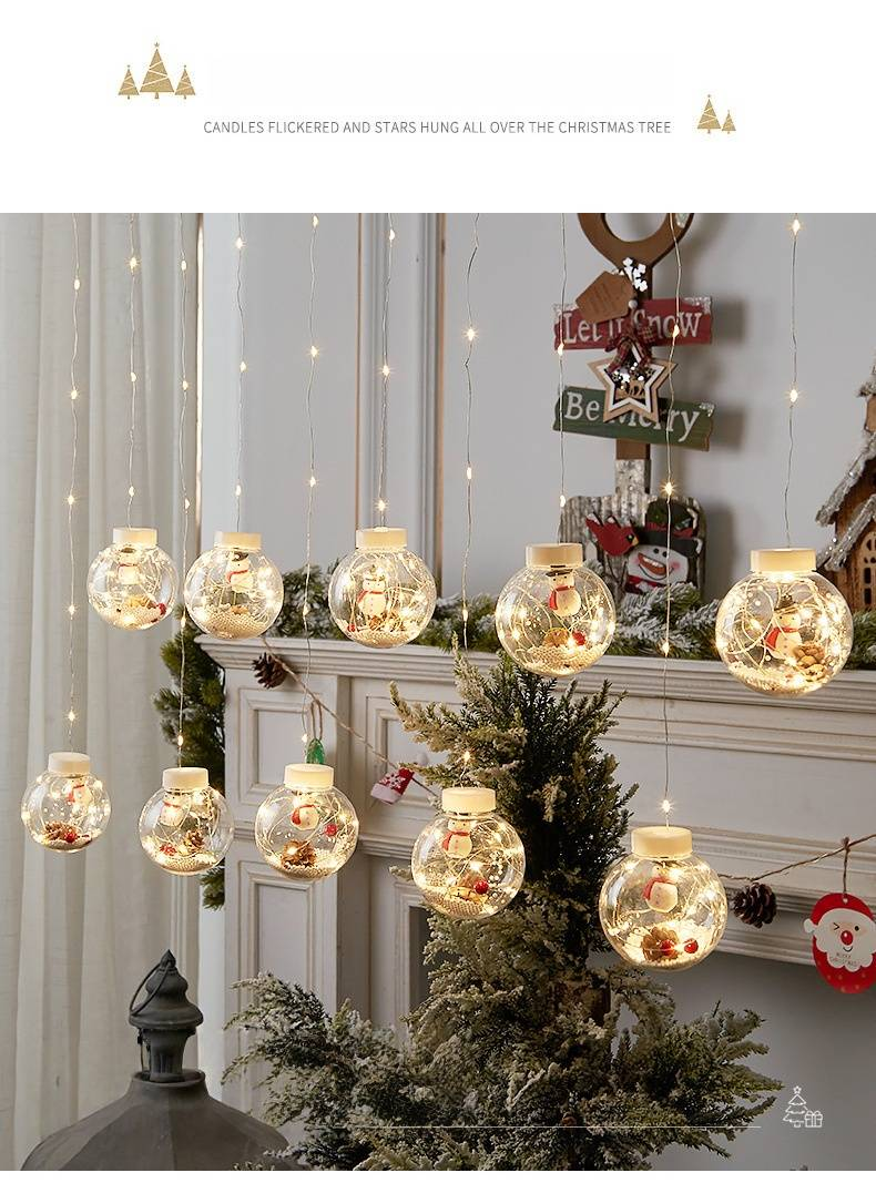 Weihnachtsdekorative LED-Lichterkette mit Weihnachtsmann, Schneemann und Wunschkugel – 3 m lange Plug-in-Lichtervorhang für Fenster, Zuhause und Weihnachtsdekoration_voghion.com