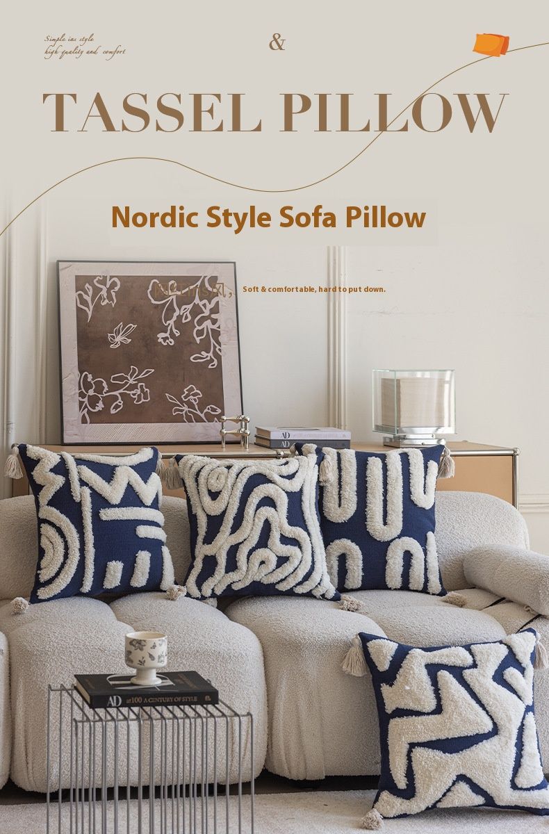 Modern Geometric Pillow Cover - 45x45cm Boho Chic Tassel Design, Poly-Cotton Blend For Sofa/Bed Decor (Nordic Style)_voghion.com