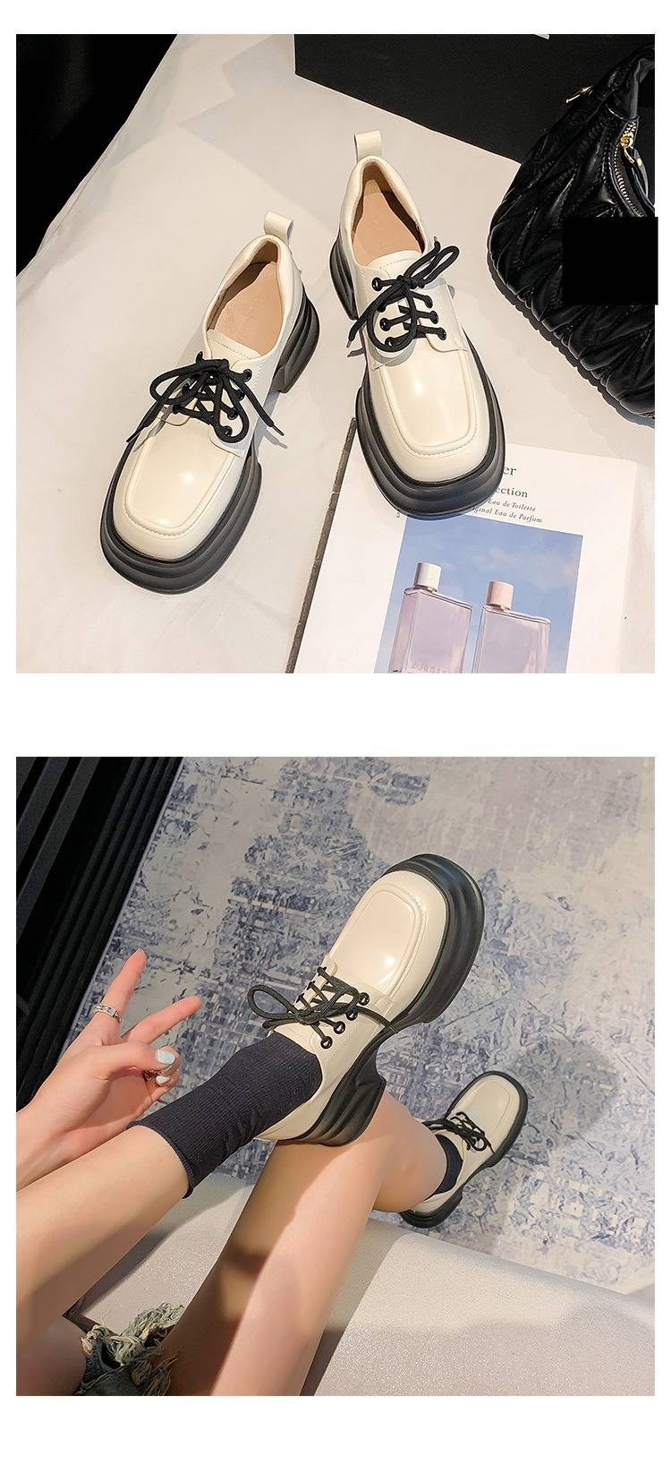 Mocassini stringati con suola spessa e rialzo nascosto sul tallone da donna - Scarpe Oxford in vera pelle con punta tonda per l'uso quotidiano_voghion.com