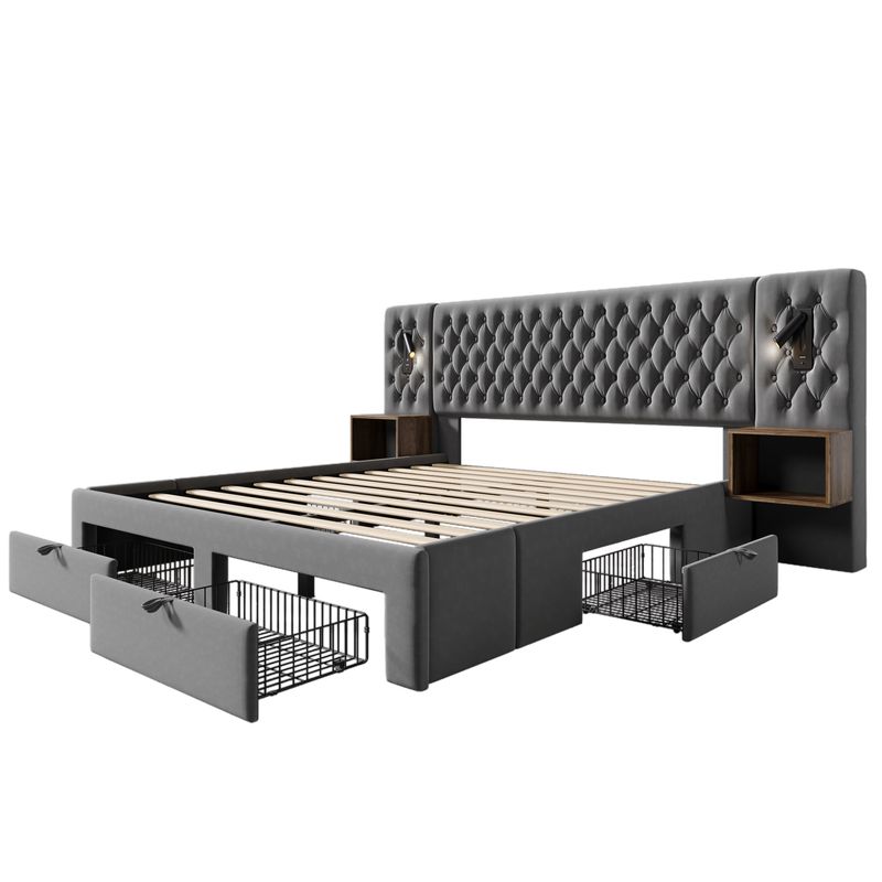 Polsterbett Doppelbett 180×200 Cm Mit 2 Nachttischen Und 4 Schubladen, Kopfteil Leselicht Mit USB Ladefunktion, Grau, Samt (Ohne Matratze)_voghion.com