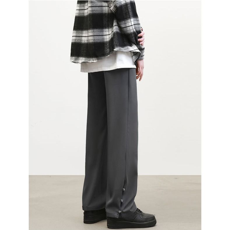 Men's Neo-Chinese Style Wide-Leg Pants – Minimalist Mandarin Collar Pants With Knot Buttons, Flowy Straight-Cut Trousers (Black/Dark Grey)_voghion.com