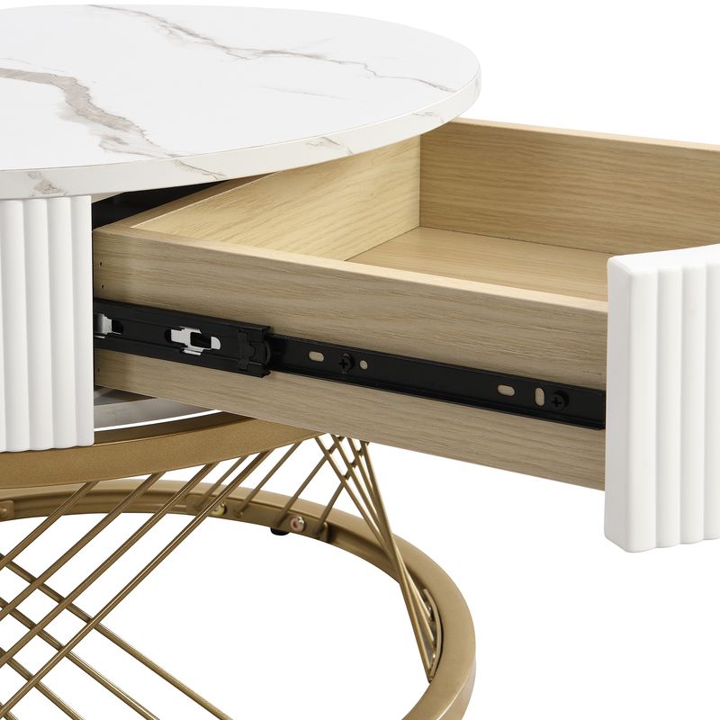 Ensemble de tables basses modulaires élégantes : aspect marbre avec touches dorées, tables d'appoint gigognes avec tiroirs – Ensemble 2 pièces_voghion.com