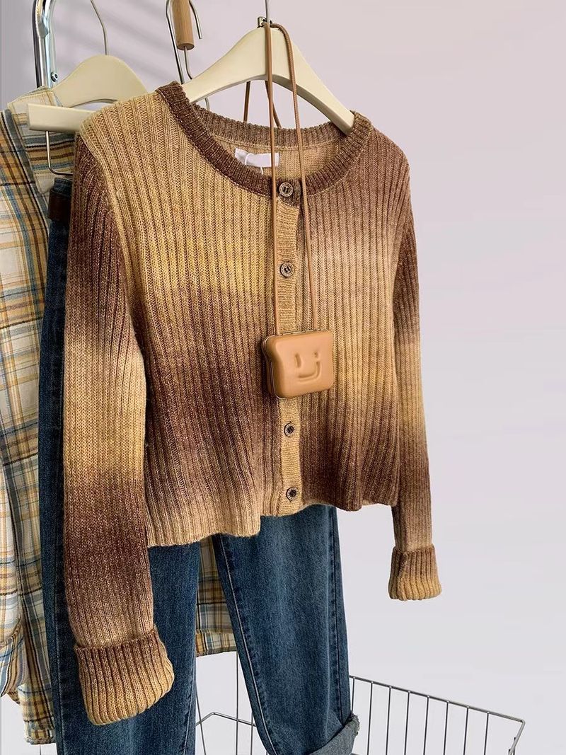 Batik-Strickjacke aus Mohair mit Farbverlauf für Damen im Frühjahr 2024, neue kleine kurze Pulloverjacke für Herbst und Winter_voghion.com