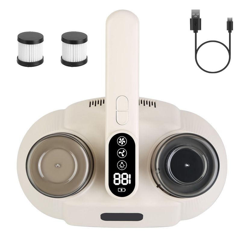 15000PA Double-Cup Bed Vacuum Cleaner With UV-C Light Cordless Mattress Vacuum Rechargeable Dust Mites Remover With 3 Washable Filters_voghion.com