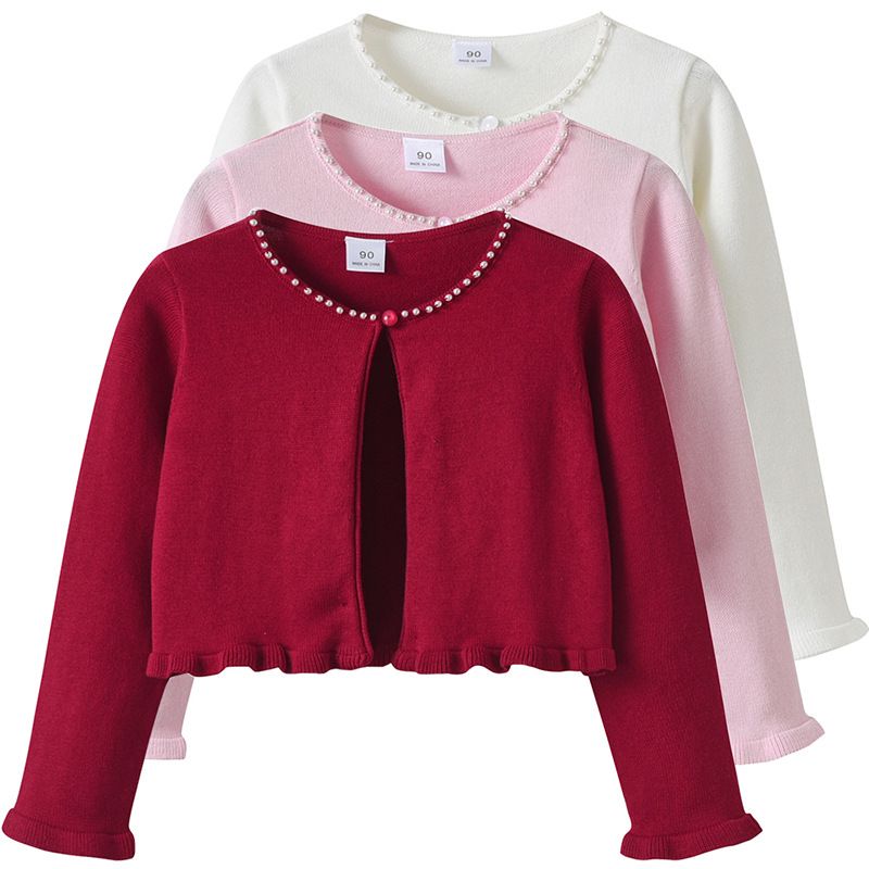 Handgefertigte Strickjacke mit Perlenbesatz und Spitzenbesatz für Mädchen von Mother & Kids – Weicher Strickpullover mit Rundhalsausschnitt und langen Ärmeln (Weiß/Rosa/Burgunderrot, 90–160 cm)_voghion.com