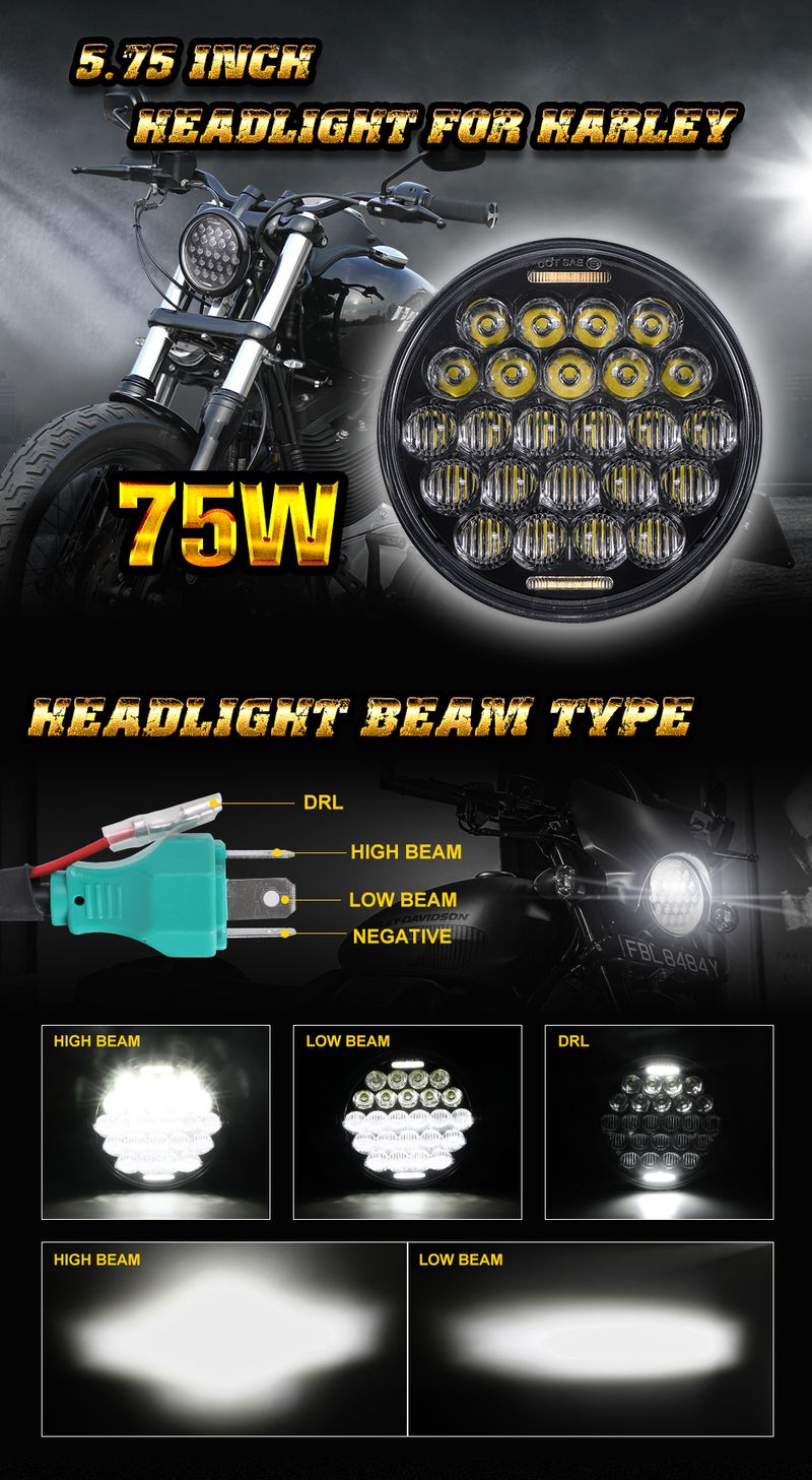 1 Stück 75 Watt 5,75 Zoll Motorrad-LED-Scheinwerfer mit Hi/Lo-Strahl DRL für Harley Davidson Dyna Softail Sportster Triumph Victory Scheinwerfer_voghion.com