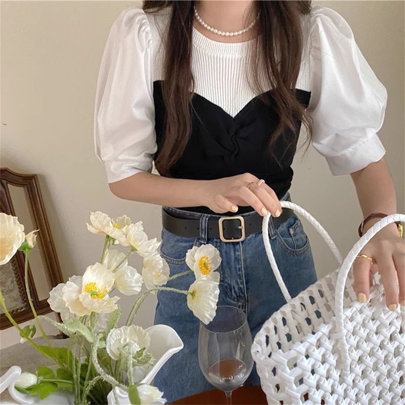 Fransk pure desire stil bobleærmer chik top til kvinders sommerdesign sans niche slim fit strikket korte ærmer_voghion.com