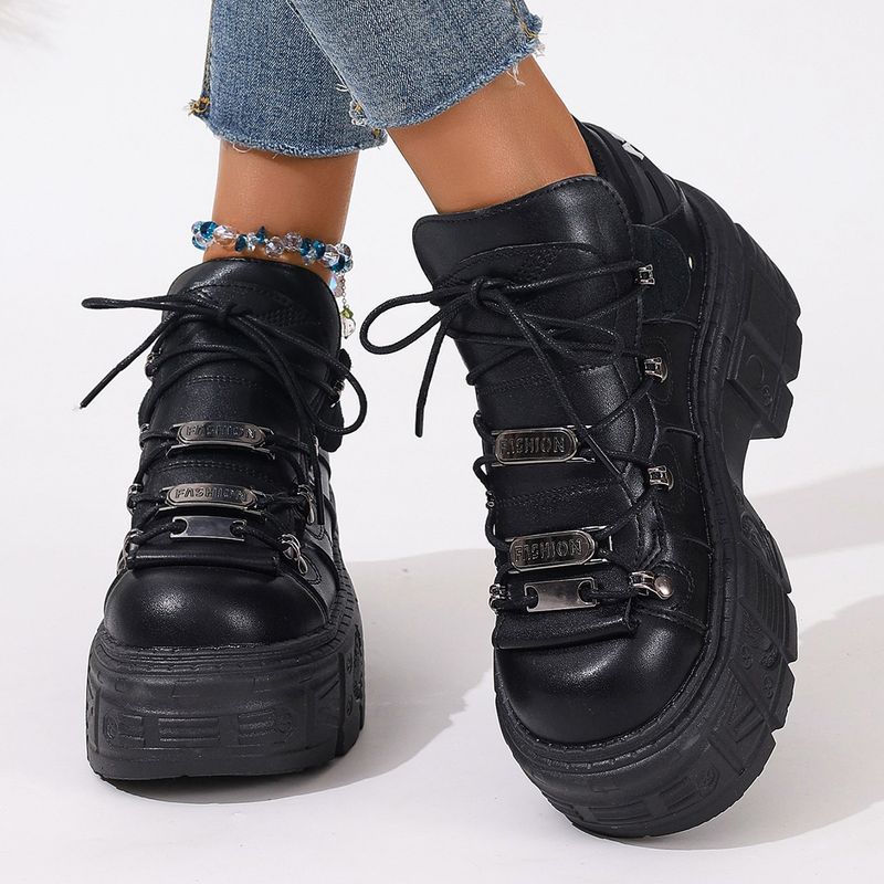 Scarpe stringate alte con plateau spesso da donna - Stivali alla moda in pelle PU con punta tonda, dettagli in metallo e suola in gomma spessa_voghion.com