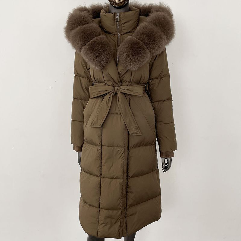 Fox Fur Large Collar Down Jacket With Hood And Long Style For Winter, Slim Waist And Knee Length Thickened Women's Coat_voghion.com