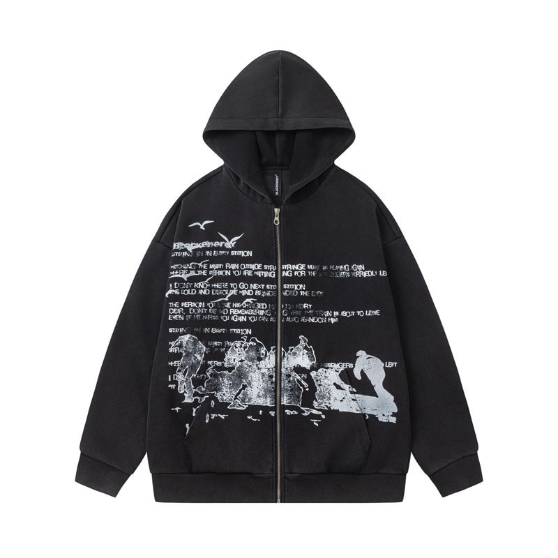Men’s Oversized Hooded Zip-Up Sweatshirt – Vintage Washed Look, Streetwear Letter Print, Hip-Hop Style Open Front Jacket_voghion.com