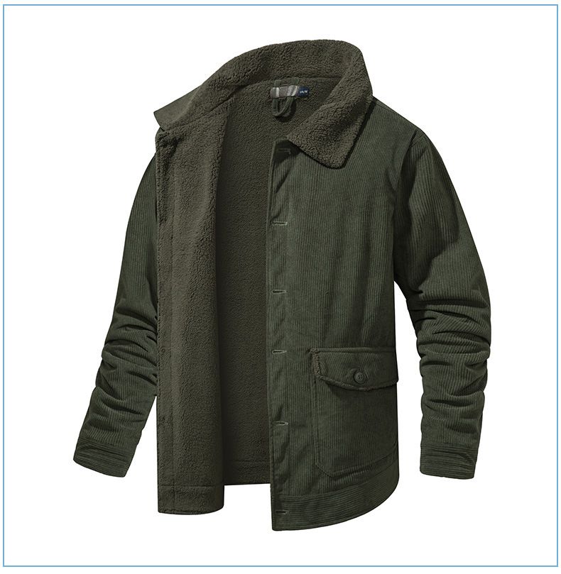 "Herrenjacke aus Cord und Lammfell mit Revers – Plüschiger, dicker Mantel in großer Größe (Schwarz/Grün/Hellbraun, S-XXL)"_voghion.com
