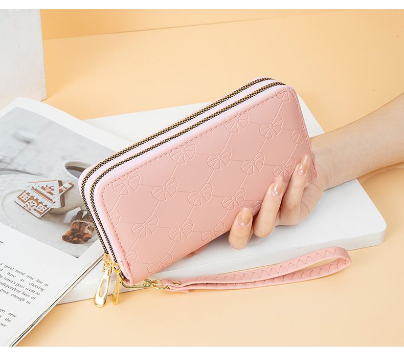 Portafoglio lungo da donna, alla moda, semplice, con fiocco stampato, grande capacità, doppia cerniera, porta cellulare_voghion.com