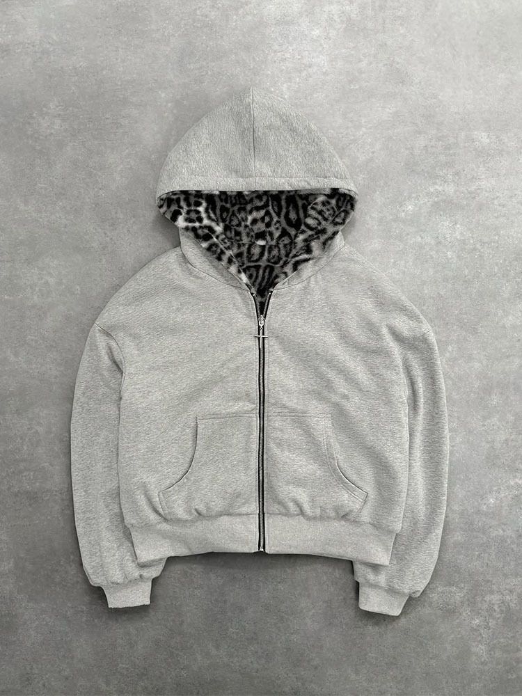 Felpe con cappuccio autunnali e invernali, indossabili su entrambi i lati, con stampa leopardata retrò e cerniera, stile casual._voghion.com